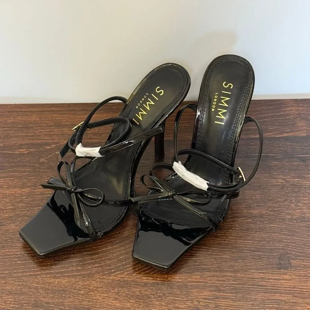Simmi London Estela 3 black patent leather bow ankle wrap gold buckle size 6 4.5